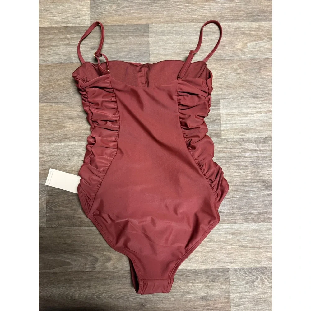 Hutch Womens Ruched One Piece Swimsuit Rust Burgundy Square Neck Large NWT - Picture 5 of 7